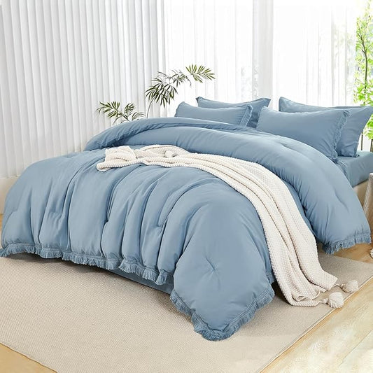 Andency Oversized King Comforter Set with Sheets 120x120 Grayish Blue - 7 Pieces Boho Tassel Bed in a Bag Soft Lightweight Bedding Sets, Fringe Bed Set with Comforter, Sheets, Pillowcases & Shams