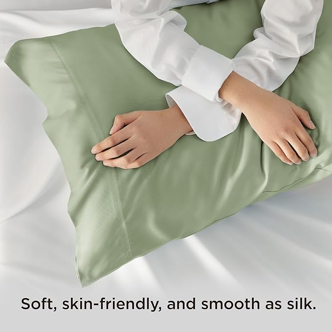 Bedsure Pillow Cases Standard Size, Cooling Pillow Cases, Rayon Derived from Bamboo Sage Green Pillowcases Standard Set of 2, PureWoven Silky Soft Pillow Covers with Envelope Closure, 20x26 Inches