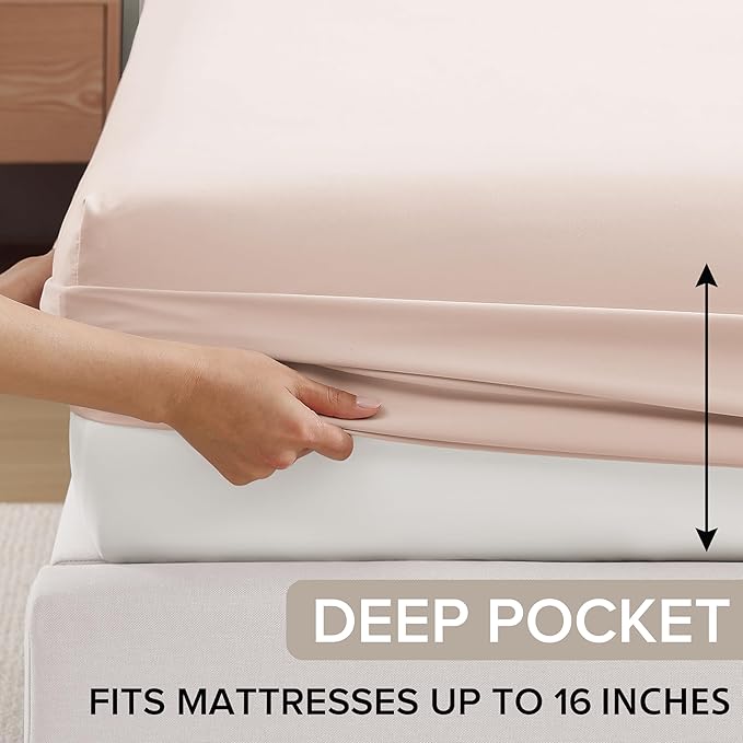 UGG Hedi Queen Sheet Set 4-Piece Luxury Cooling Sheets Deep Pockets Premium Bedding with 2 Pillow Shams Hypoallergenic Machine Washable Soft Lightweight Bed Set for Bedroom, Queen, Shell Pink