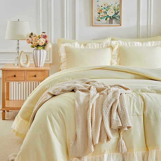 Joyreap Twin Size Comforter Set Yellow, 3pcs Lace Ruffled Bedding Comforter Set, Microfiber Vintage Boho Chic Bedding Set for All Season- 68x88 inches