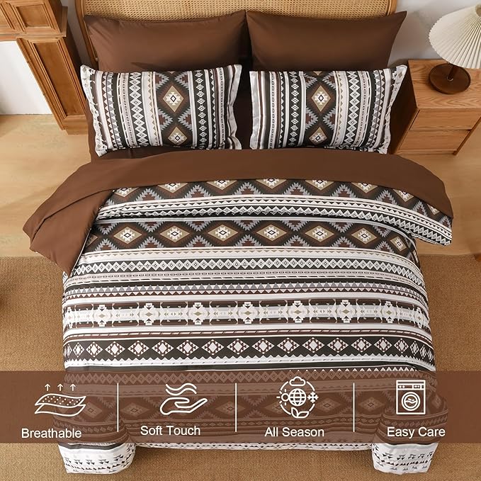 Dinjoy Drak Brown Boho Comforter Set Queen Size,7 Pieces Bed in a Bag Queen Coffee Aztec Bedding with Sheets Bohemian Geometric Striped Complete Set for Fall Winter 90"×90"