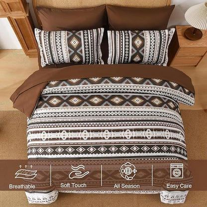 Dinjoy Boho King Size Bed in A Bag 7 Pieces,Drak Brown/Coffee Comforter Set Aztec Striped Fall Bedding Set Bohemian Complete Set Western Geometric Taupe Comforters for Women Men 90"×104"