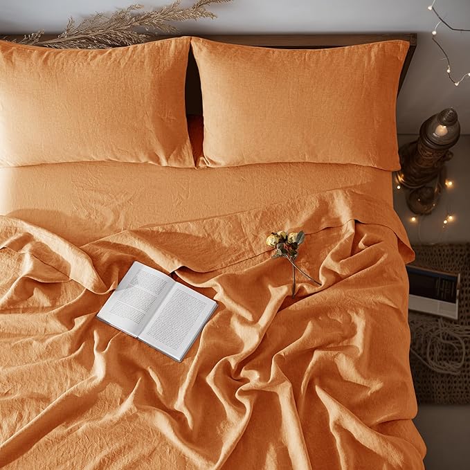 LBRO2M 100% Pure Linen Sheet Set Deep Pocket Up to 16" Bed Sheets Sets, Natural Flax Beddings Soft, Breathable, Comfortable for All Seasons 4 Pcs Sheet Set Queen Size, Orange