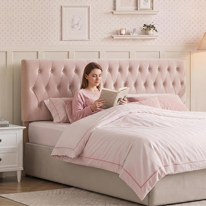 Tufted Upholstered Full Size Bed Headboard in Modern Button Design, Adjustable Solid Wood Head Board, Premium Velvet Fabric Padded Headboards in Bedroom (Pink)