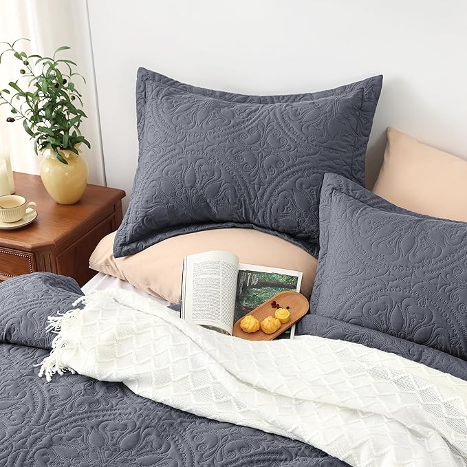 EXQ Home Quilt Set Full Queen Size Bluish Grey 3 Piece,Lightweight Soft Coverlet Mandala Flower Pattern Bedspread Set for All Season(1 Quilt,2 Pillow Shams)