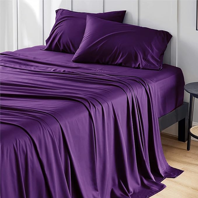 Bedsure California King Sheet Sets, Cooling Sheets for Hot Sleepers, Rayon Derived from Bamboo, PureWoven, Breathable & Soft, Deep Pocket Up to 16 Inches, Hotel Luxury Silky Bedding, Plum