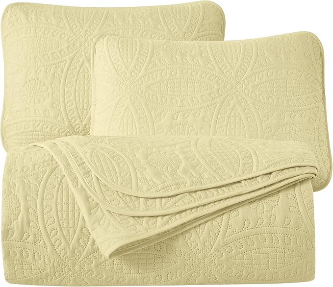 Chezmoi Collection Austin King Oversized Bedspread Set, 3-Piece Pinsonic Quilted Lightweight Microfiber Bedspread Coverlet, Pastel Yellow | Oversized, Lightweight, Fade Resistant