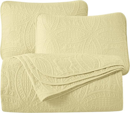 Chezmoi Collection Austin King Oversized Bedspread Set, 3-Piece Pinsonic Quilted Lightweight Microfiber Bedspread Coverlet, Pastel Yellow | Oversized, Lightweight, Fade Resistant