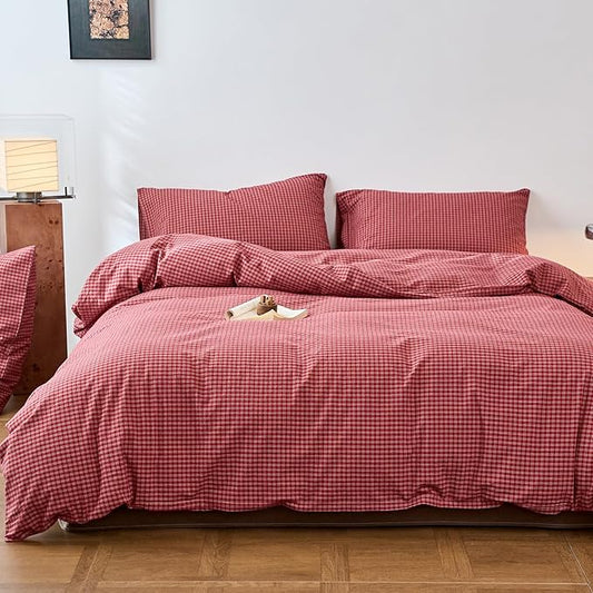Gingham Twin Duvet Cover Red Washed Cotton Twin Comforter Cover Plaid Checkered Boho Zipper Duvet Cover Set with 2 Pillow Cases Farmhouse Girls Bedding Set Pattern Duvet Protector