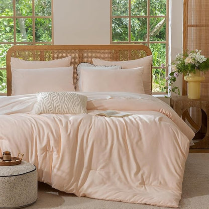 Queen Size Comforter Set Pink - Waffle Checkered Soft Shabby Chic Bedding, All-Season Lightweight Breathable with 2 Pillowcases Combo for Year-Round Comfort