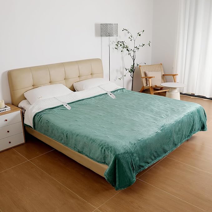 ESTINGO Electric Blanket Queen, Dual Control Heated Electric Blanket Queen Size, Machine Washable Plush Heated Blanket with Timer 5 Heating Levels &10 Hours Auto Off, 84" x 90", Forest Green