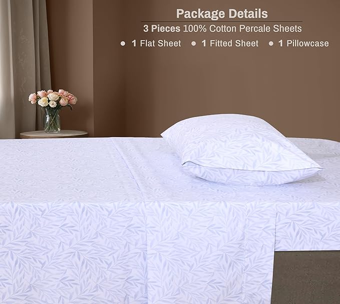 ZOYER 100% Cotton Sheets – Twin Size Percale Bedding, Cooling & Breathable, Durable with a Crisp, Soft & Comfortable Feel, 16" Deep Pocket, 3-Piece Set, Blue Autumn