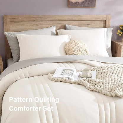 Monbix King Size Comforter Set - 7 Pieces Bed in a Bag King, Snow White Bedding Sets with Comforter, All Seasons Comforter Bed Set with Sheets, Pillowcases & Shams