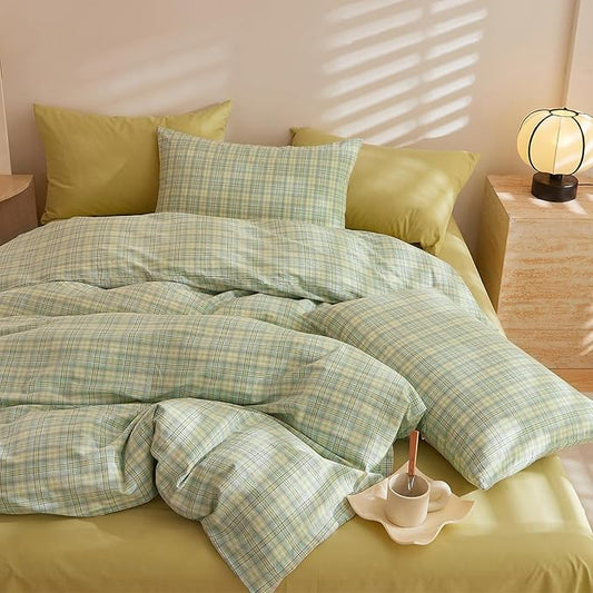 EAVD Green Gingham Duvet Cover Full Size Washed Cotton Bedding Set 3 Pieces Multicolor Grid Plaid Duvet Cover with 2 Pillowcases Modern Farmhouse Gingham Bedding Set with Zipper Closure