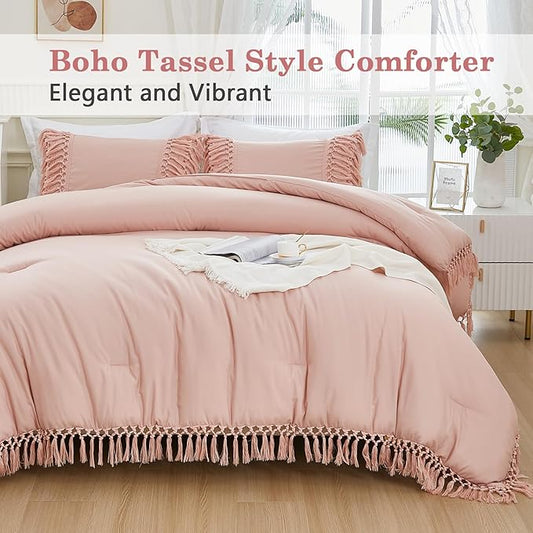 Andency Pink Comforter Set California King, 3 Pieces Boho Tassel Lightweight Soft Bedding Comforter Sets for King Bed, All Season Fluffy Fringe Bed Set (104x96In Comforter & 2 Pillowcases)