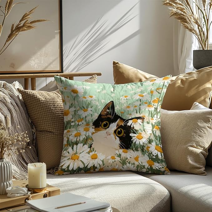 Calico Cat Daisy Throw Pillow Covers 18x18,Gifts for Cat Lovers,Boho Floral Cat Pillowcases, Aesthetic Spring Decor for Dorm Bedroom Office