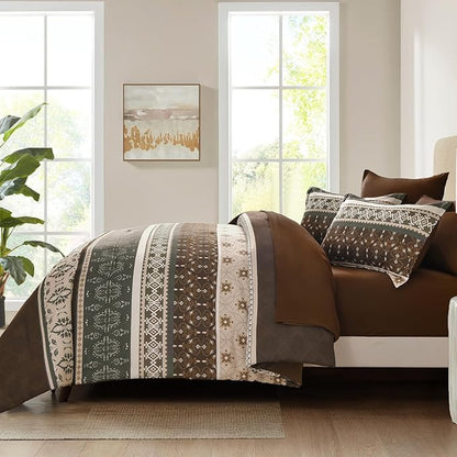 WONGS BEDDING Boho Comforter Set Queen, 7 Pieces Brown Comforter Bedding Set,Bohemian Paisley Floral Bed in a Bag,Soft Microfiber Striped Comforter Bedding Sets for All Season