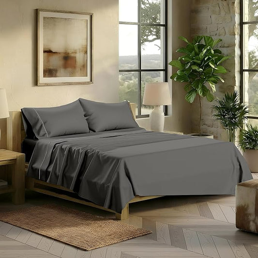 TEXAS LINEN CO. 100% Egyptian Cotton Sheets California King - 2000 Series Luxury Cal King Sheet Set, Soft & Cooling Sateen Weave, 17” Extra Deep Pocket Hotel Collection Sheets (4 Pc, Dark Grey)