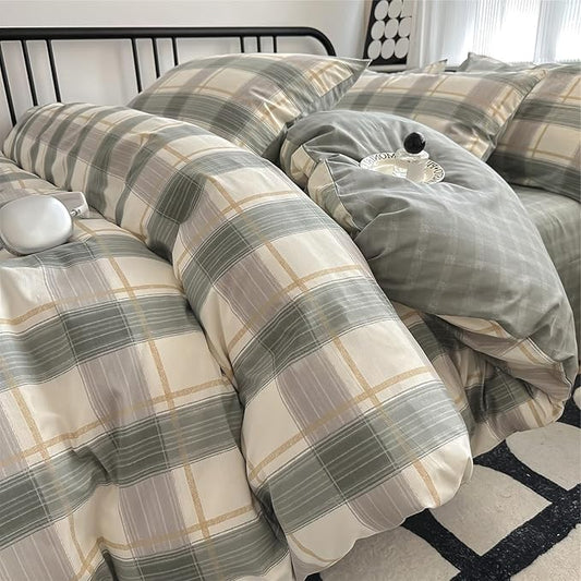 VM VOUGEMARKET Teen Boys Comforter Set Twin XL Green Plaid Gingham Down Comforter with 2 Pillowcases,Modern Cozy Bedding Quilt Set 68"x90"