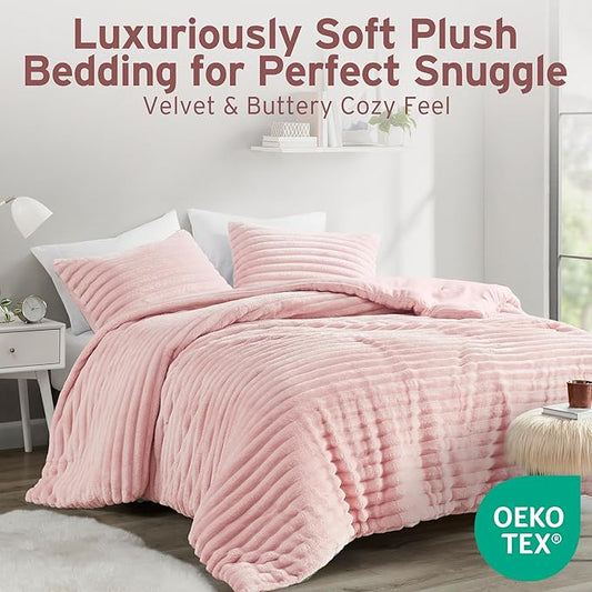 Intelligent Design King Comforter Set, Cozy Plush Bedding, Microfiber Reverse, 3 Piece, Lightweight, Super Soft Ribbed Velvet Comforter 2 Shams, All Season Fluffy Bed Set, Avril, King/Cal King Pink