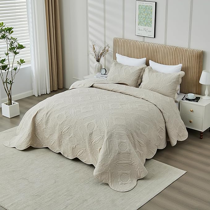 Kingnex Oversized King Bedspreads 128x120 for Extra Wide Tall King or Cal King Bed Ultrasonic Quilted Coverlet Set 3 Piece Include 1 Quilt 2 Pillowcases Beige
