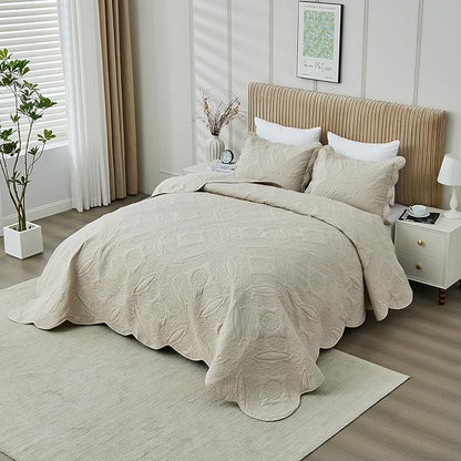 Kingnex Oversized King Bedspreads 128x120 for Extra Wide Tall King or Cal King Bed Ultrasonic Quilted Coverlet Set 3 Piece Include 1 Quilt 2 Pillowcases Beige
