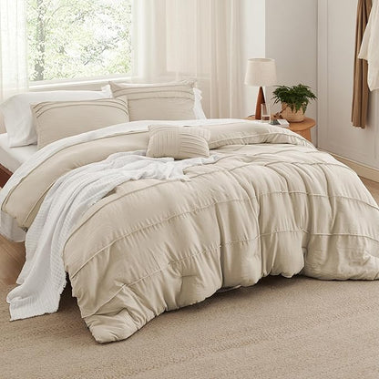 Bedsure California King Comforter Set - 4 Pieces Pinch Pleat Bed in A Bag, Linen Boho Bedding Sets for Summer, 1 Soft Comforter, 2 Pillowcases, 1 Decorative Pillow