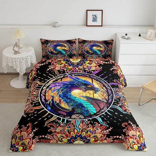 Feelyou Dragon Comforter Set Full Size Dragon Stuff Comforter for Boys Girls Teens 3D Print Animal Bedding Set Dragon Decor Duvet Set Room Decor Golden Quilt Set