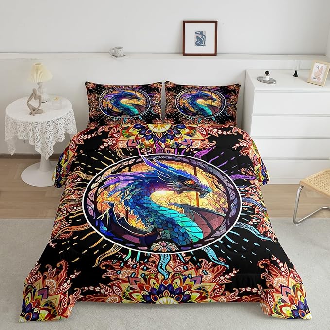 Feelyou Dragon Comforter Set Queen Size Dragon Stuff Comforter for Boys Girls Teens 3D Print Animal Bedding Set Dragon Decor Duvet Set Room Decor Golden Quilt Set
