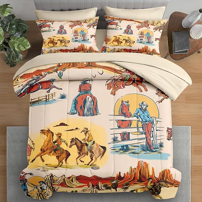 Comforter Set Full Size, Western Cowboy Retro Colorful 7 Pcs Bedding for Kids and Adults, Vintage Horse Cowgirl Bed Sheet Sets with Fitted Sheet 2 Pillowcases & 2 Shams for Bedroom Bed Decor