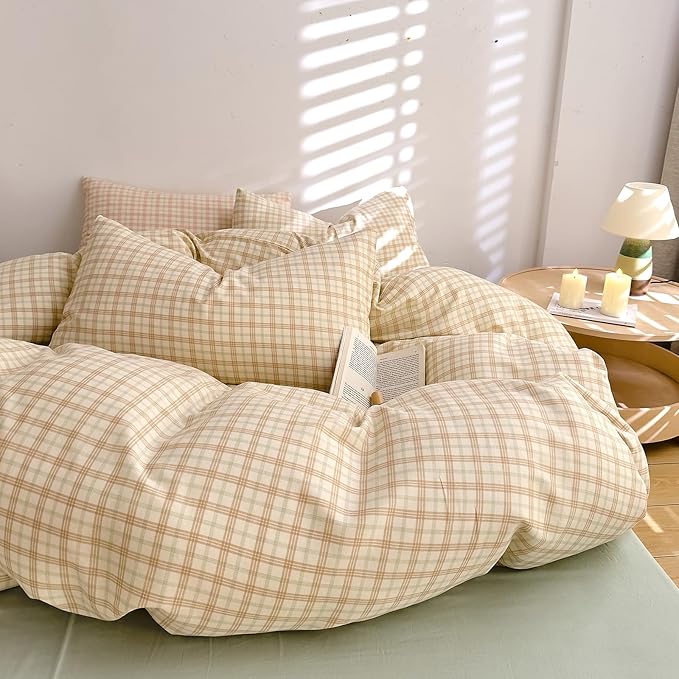 EAVD Vintage Style Brown&Green Grid Plaid Duvet Cover Queen Soft 100% Washed Cotton Chic Checkered Gingham Bedding Set with 2 Pillowcases Farmhouse Gingham Duvet Cover with Zipper Closure