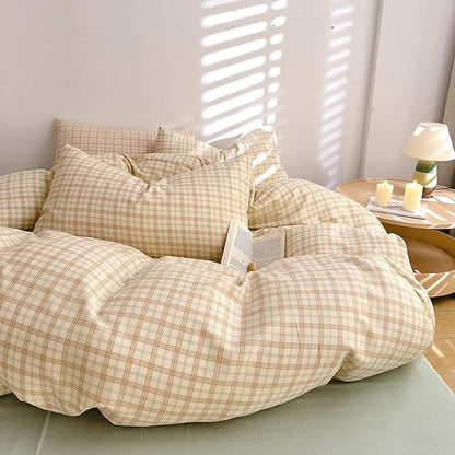 EAVD Vintage Style Brown&Green Grid Plaid Duvet Cover Queen Soft 100% Washed Cotton Chic Checkered Gingham Bedding Set with 2 Pillowcases Farmhouse Gingham Duvet Cover with Zipper Closure