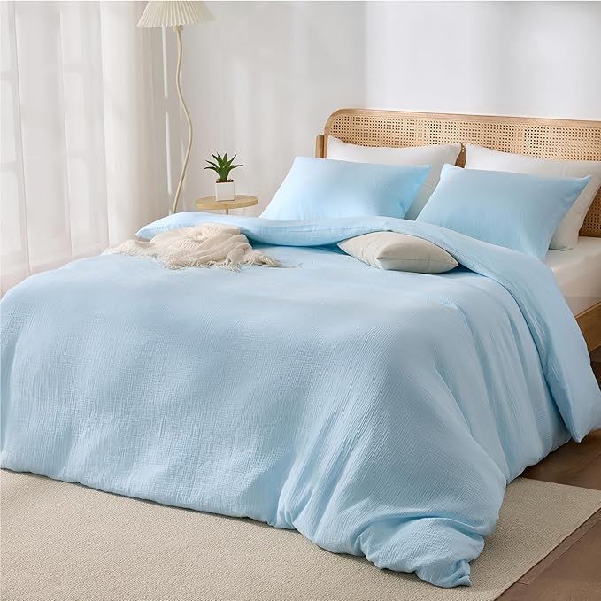 Blue Duvet Cover King, 100% Sandwashed Cotton Soft King Size Duvet Cover Set 3 Pieces with Zipper Clousre & Corner Buttons (Blue, King 104 x 90)