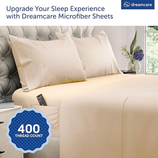 DREAMCARE Queen Size Sheets - Cooling Bed Sheets - 4pcs Set - up to 15" Deep Pocket Queen Sheet Set - Sheets Queen Size Bed - Soft & Long Lasting 100% Fine Brushed Polyester with Side Pocket, Wheat