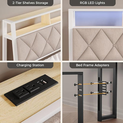 King Headboard Only, Headboard for King Size Bed with Storage, Upholstered Headboards with LED Lights & Charging Station, Attach Frame, Ideal for Bedroom/Dorm/Guest Room, White & Beige