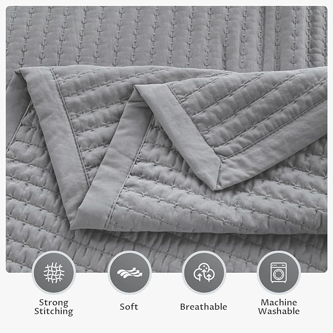 KASENTEX Oversized Queen Quilt Set 102"x106" – Soft Washed 3-Layer Lightweight Bedspread, Minimalist Nordic Design, All-Season Spring & Summer Quilt Set (1 Quilt + 2 Pillow Shams), Solid Grey