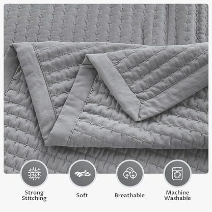 KASENTEX Queen XL Quilt Set 98"x98" – Soft Washed 3-Layer Lightweight Bedspread, Minimalist Nordic Design, All-Season Spring & Summer Quilt Set (1 Quilt + 2 Pillow Shams), Solid Grey