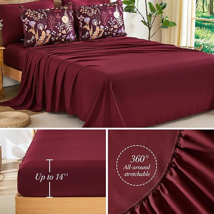 Yiran Queen Comforter Set 7 Piece, Burgundy Floral Bedding Set, Bed in a Bag Queen Size with Botanical Flowers Spring, Soft Lightweight Dark Red Comforters with Sheets Complete for All Season