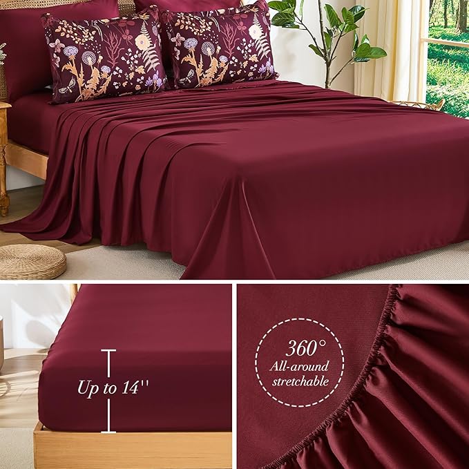 Yiran King Size Comforter Set 7 Piece, Burgundy Floral Bedding Set, Lightweight Bed in a Bag King with Botanical Flowers Spring, Soft Warm Dark Red Comforters with Sheets Complete for All Season