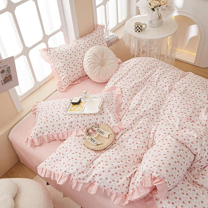 HighBuy Pink Floral Comforter Set Twin XL Ruffled Lace Bedding Comforter Sets for Teen Girls Coquette Cottagecore Fluffy Comforter Set Cute Botanical Bed Comforter Sets