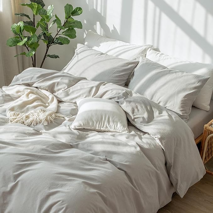 MooMee Bedding Pillowcases Pack of 2 100% Washed Cotton Linen Like Textured Breathable Durable Soft Comfy (Pastel Grey, King)