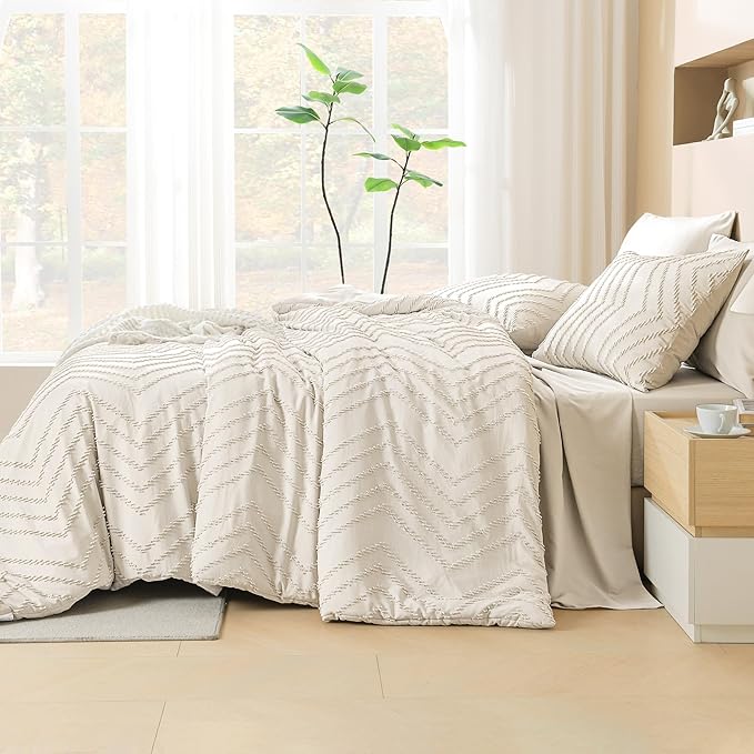 Litanika Beige King Size Comforter Set with Sheets - 7 Pieces Bed in a Bag King Boho Tufted Complete Bedding Sets with Comforter, Sheets, Pillowcases & Shams