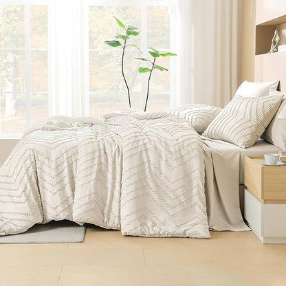 Litanika California King Comforter Set with Sheets Beige - 7 Pieces Bed in a Bag Cal King Cream Boho Tufted Complete Bedding Sets with Comforter, Sheets, Pillowcases & Shams