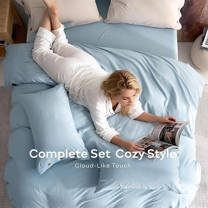 JELLYMONI 100% Washed Cotton Duvet Cover King – Soft, Breathable Linen-Look Bedding with Natural Wrinkle Texture, Button Closure, 3-Piece Set (Mist Blue, 104"x90")