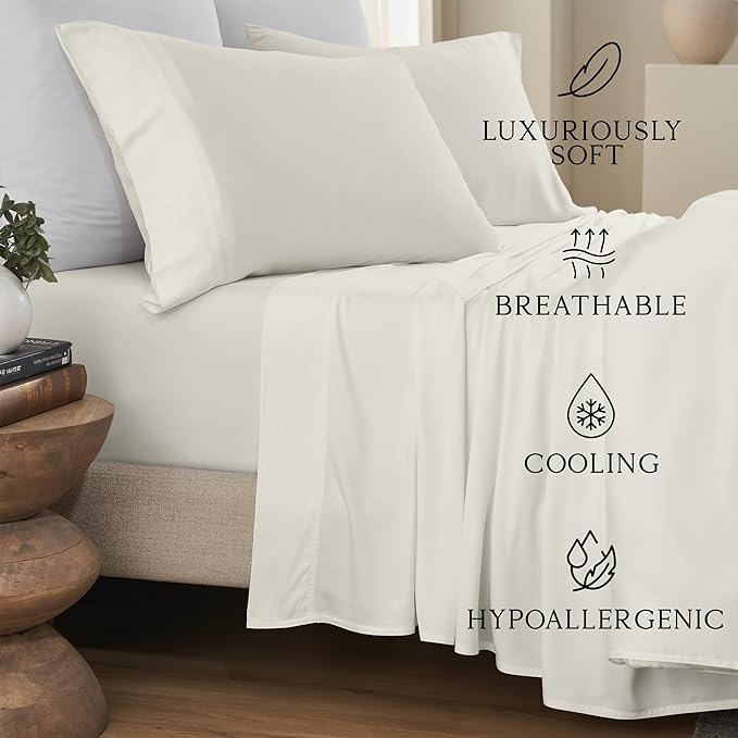 KARISSA MAE Cooling Bamboo Viscose Split King Sheet Set | 100% FSC Certified | 18” Deep Pocket | Silky, Soft, & Hypoallergenic | with Organizer Band & Elastic Corner Straps [Ivory]