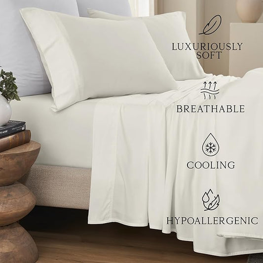 KARISSA MAE Cooling Bamboo Viscose 34" Split Top King Sheet Set | 100% FSC Certified | 18” Deep Pocket | Silky, Soft, & Hypoallergenic | with Organizer Band & Elastic Corner Straps [Ivory]
