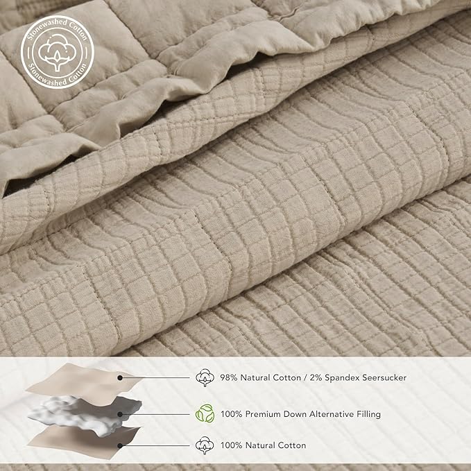 EVERGRACEHOME Stonewashed Cotton Quilt Set Full Queen Size, Ultra Soft Oversized Bedspread Coverlet Set, Lightweight Crinkle Box Stitch Bedding Sets for All Season, with 2 Shams, Flax Beige