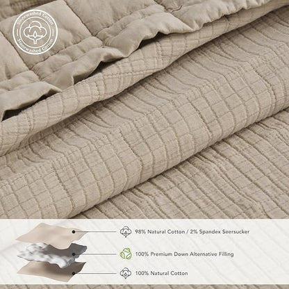 EVERGRACEHOME Stonewashed Cotton Quilt Set King Size, Ultra Soft Oversized Bedspread Coverlet Set, Lightweight Crinkle Box Stitch Bedding Sets for All Season, with 2 Shams, Flax Beige