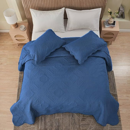 Kingnex Oversized King Bedspreads 128x120 for Extra Wide Tall King or Cal King Bed Ultrasonic Quilted Coverlet Set 3 Piece Include 1 Quilt 2 Pillowcases Navy