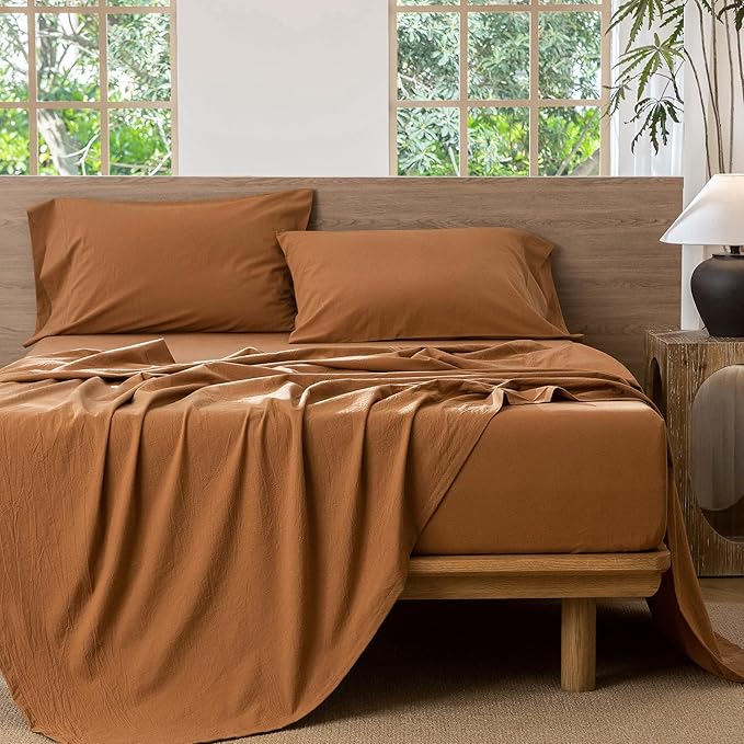 MooMee Bedding Sheet Set 100% Washed Cotton Linen Like Textured Breathable Durable Soft Comfy (Solid Dark Orange, California King)
